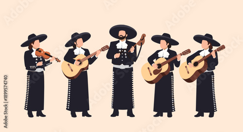 Traditional mariachi band performing with instruments in colorful attire