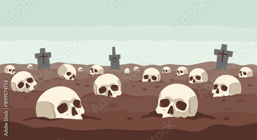 Eerie graveyard scene with human skulls and crosses in minimalist style