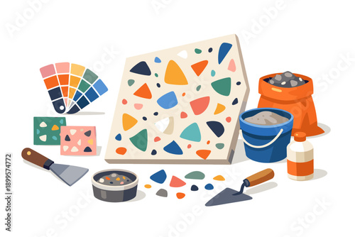Terrazzo flooring creation with colorful chips, tools, and material samples