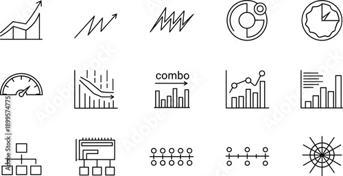 Data visualization line icons set featuring bar graphs flowcharts radar charts and growth arrows for business reports
