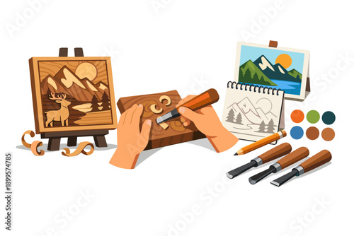 Hands carving wood art with chisels, inspired by mountain landscape sketches and reference
