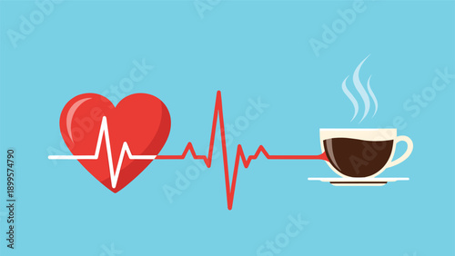 Health and caffeine concept featuring a red heart and an EKG heartbeat line leading to a steaming cup of coffee.