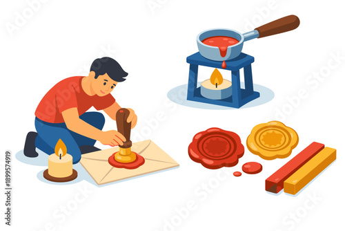 Man sealing an envelope with wax and stamp, surrounded by crafting supplies