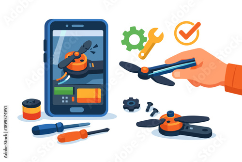 Drone repair and maintenance visualized with smartphone app and tools