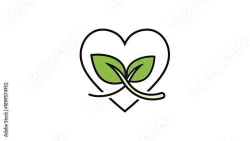 Heart for nature symbol featuring a simple black heart outline with two green leaves overlapping in the center.
