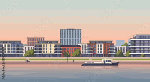 Modern waterfront cityscape with contemporary architecture at sunrise