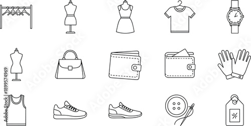 Fashion and clothing icons including hangers dress t shirt watch purse wallet gloves and shoes