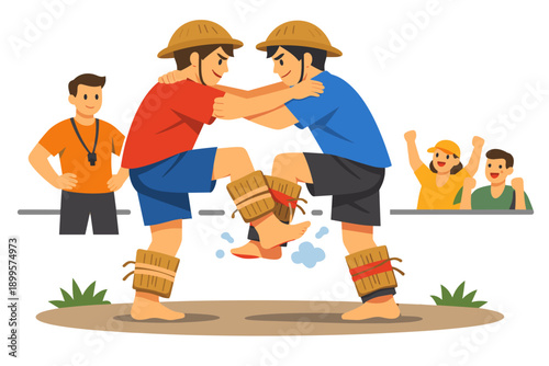 Traditional wrestling match with spectators and coach cheering on athletes