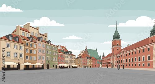Historic european cityscape with colorful buildings in flat style