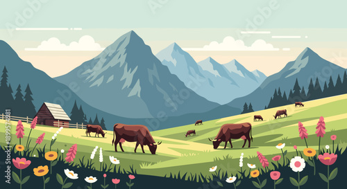 Tranquil pastoral scene with cows grazing in mountainous landscape