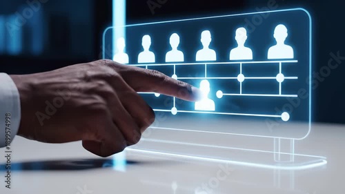 Professional interacting with digital organizational chart and hierarchy structure interface. Business management and corporate team organization for human resources planning and leadership