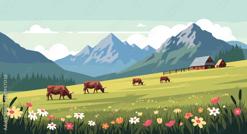 Fototapeta premium Pastoral landscape with grazing cows and alpine mountains in a flat style