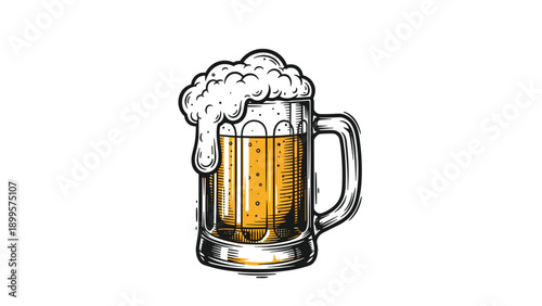Vintage style hand drawn illustration of a large mug filled with golden beer topped with a thick layer of overflowing white foam.