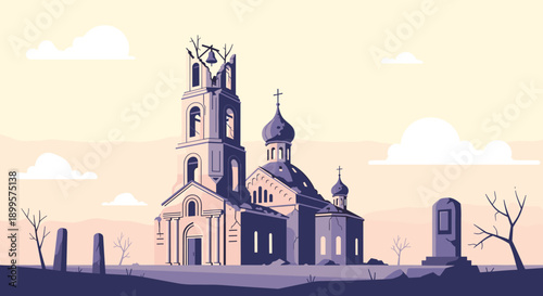 Abandoned gothic cathedral in dramatic sunset with architectural silhouettes