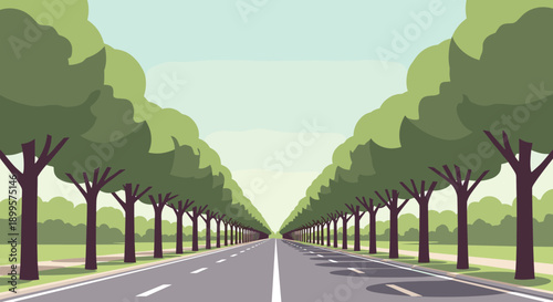 Flat style tree-lined road with symmetrical perspective and greenery