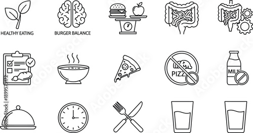 Healthy eating icons set for balanced nutrition diet control food planning and digestive health tracking symbols