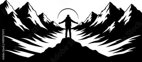 Hiker Silhouette on Mountain Peak. Outdoor Adventure and Travel Wanderlust Concept. Trekking, Hiking, and Mountaineering Silhouette Vector.