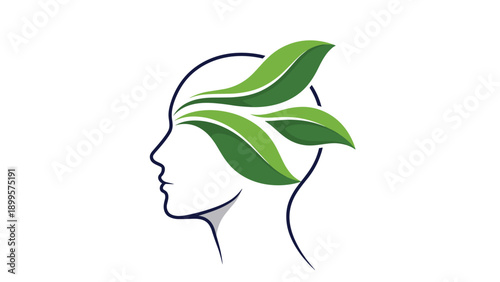 Profile silhouette of a human head with green leaves emerging from the eye area representing vision for nature and environmental awareness.