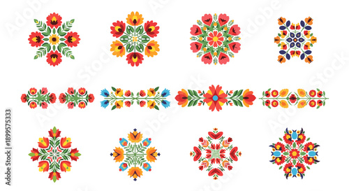 Colorful floral patterns with traditional folk motifs in symmetrical arrangement
