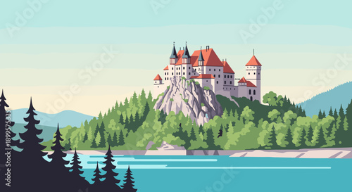 Medieval castle on hill overlooking serene lake with pine trees in the foreground