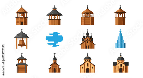 Diverse collection of church and bell tower icons in flat style