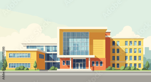 Modern educational building with colorful facade in sunny environment