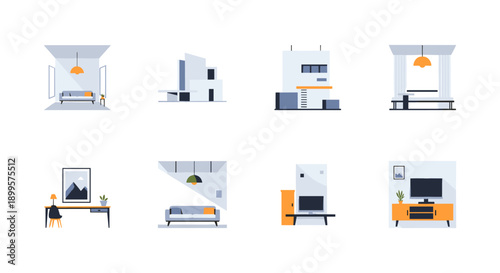 Minimalist modern interior design collection with furniture and architecture elements