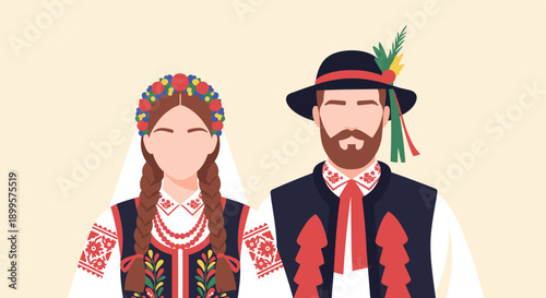 Traditional ukrainian couple in folk costume with floral and embroidered details