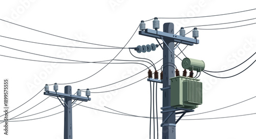 Electric Transformer on Utility Pole with Wires.