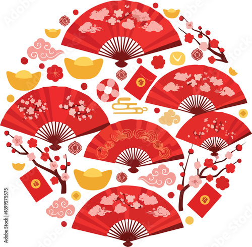 Red Chinese fans with floral designs.