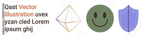 Security, positivity, design concepts, communication, technology, geometry. Geometric shape, happy face and shield icon in a minimalistic style. Security and positivity concept