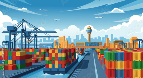 Vector illustration of a busy shipping port with cargo containers, cranes, and airplanes in the sky, depicting global logistics and trade