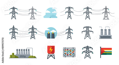 Electricity infrastructure elements including power lines and utility buildings