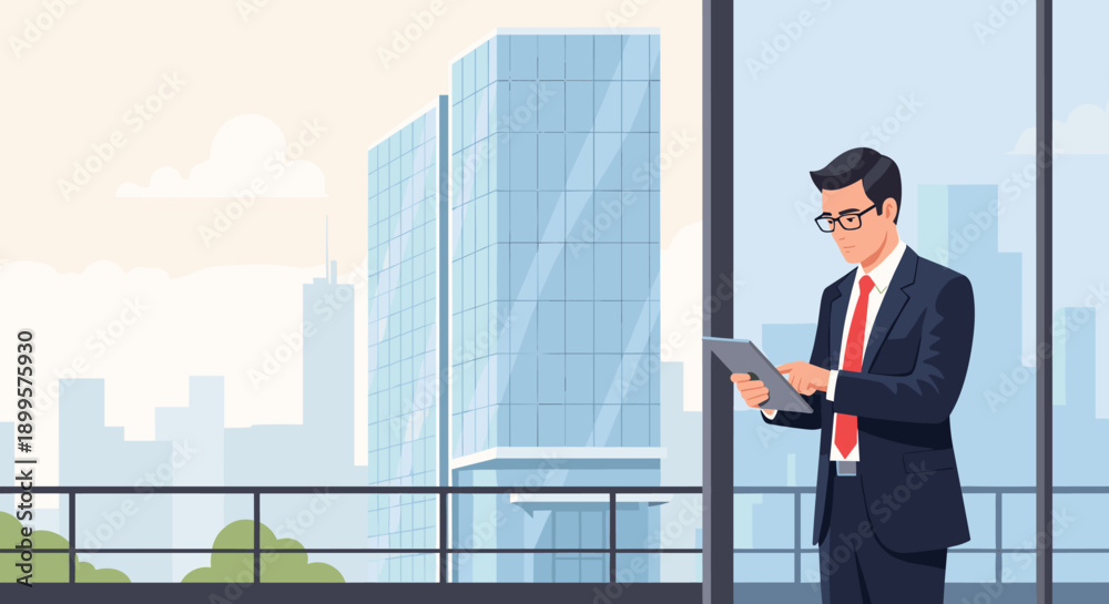 Fototapeta premium Business professional with tablet in modern cityscape background