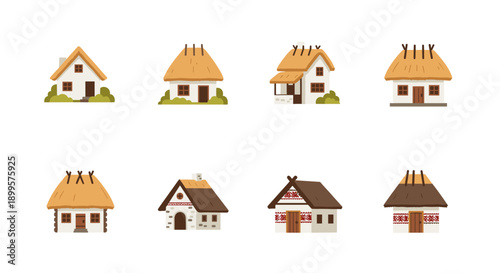 Charming traditional cottages with thatched roofs in flat design