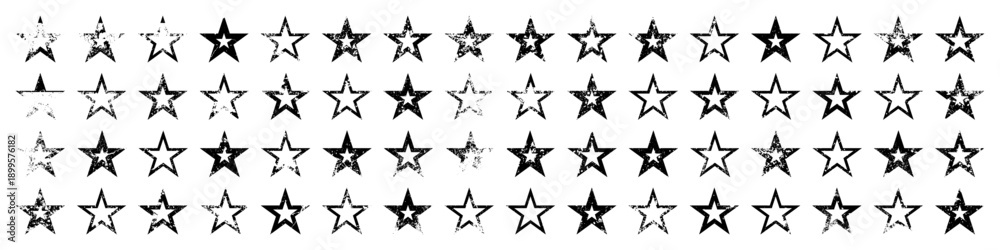 Fototapeta premium Vintage stars with cracks and stains. Old hand-drawn sign, black simple shape. Retro design element with distressed effect, grunge texture. Vector illustration