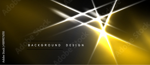 Abstract golden lines intersect over dark background. Bright central glow creates dynamic visual effect. Modern design element.