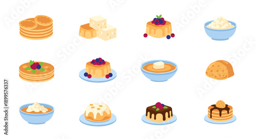 Assorted dessert selection on white background: pancakes, cheesecake, pudding, and more