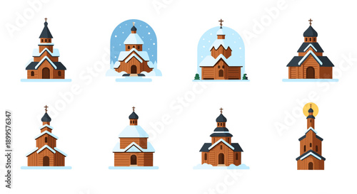 Set of wooden churches in winter snow with domes and crosses