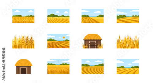 Rural landscape with wheat fields and rustic huts under clear blue skies