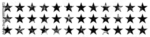 Vintage stars with cracks and stains. Old hand-drawn sign, black simple shape. Retro design element with distressed effect, grunge texture. Vector illustration