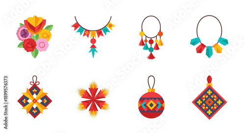 Colorful festive ornaments and floral bouquet in flat design for celebrations and decorations