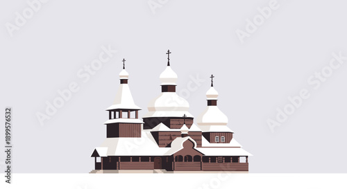 Traditional wooden orthodox church with snow-covered domes