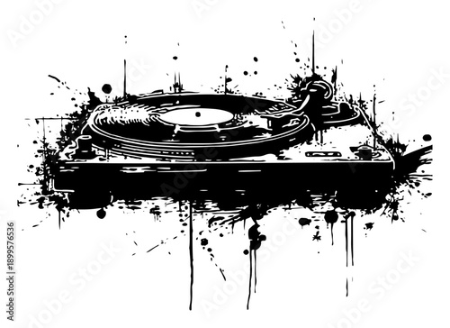 Classic vinyl record player turntable in artistic black ink splatter grunge style
