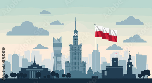 Polish flag waving over warsaw skyline: modern cityscape silhouette