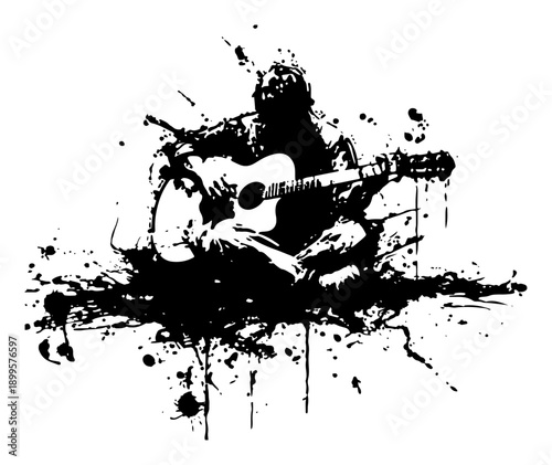 Acoustic guitar player sitting and playing music in grunge style