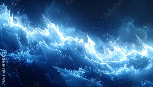 青い氷の波が斜めに流れる冬の躍動感ある背景