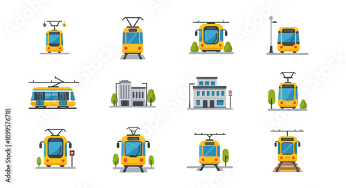 Urban tram icon set: flat design with yellow tram and station elements