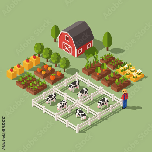 Farmer Tending to Cows and Crops.