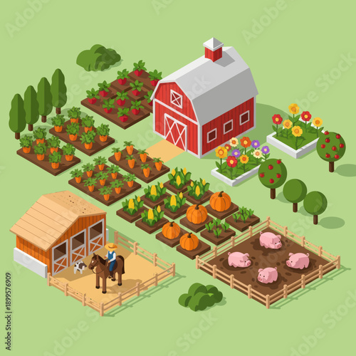 Farm Scene with Barn and Crops.